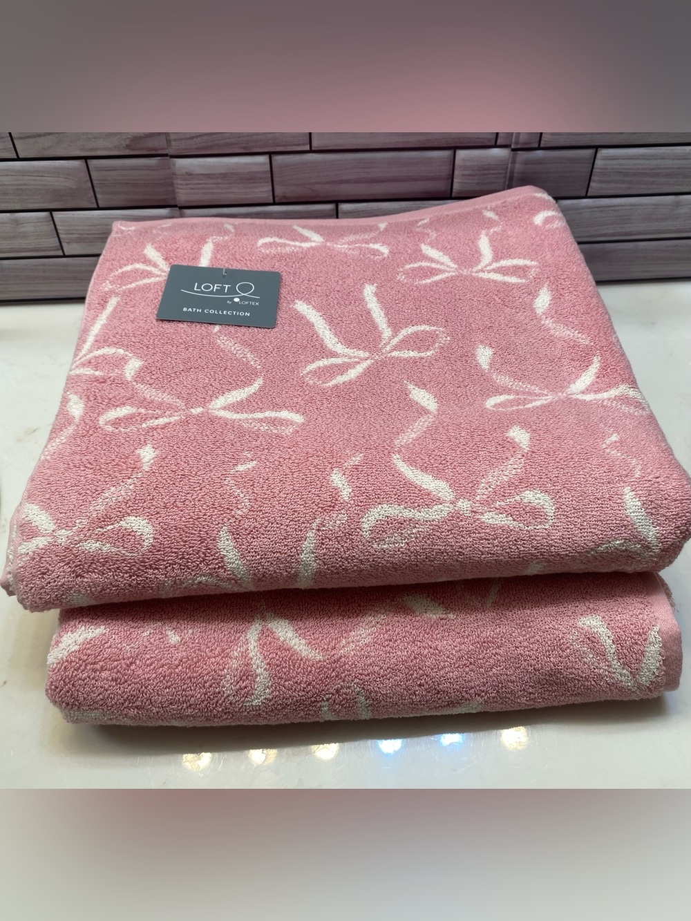 Loft by Loftex ❤️(2) Bow cotton Bath Towels Soft Pink/Ivory Hotel-quality NEW